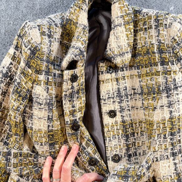 French Connection Tweed Jacket Size 4 Yellow Black Cream Belted Rounded Collar - Picture 7 of 10